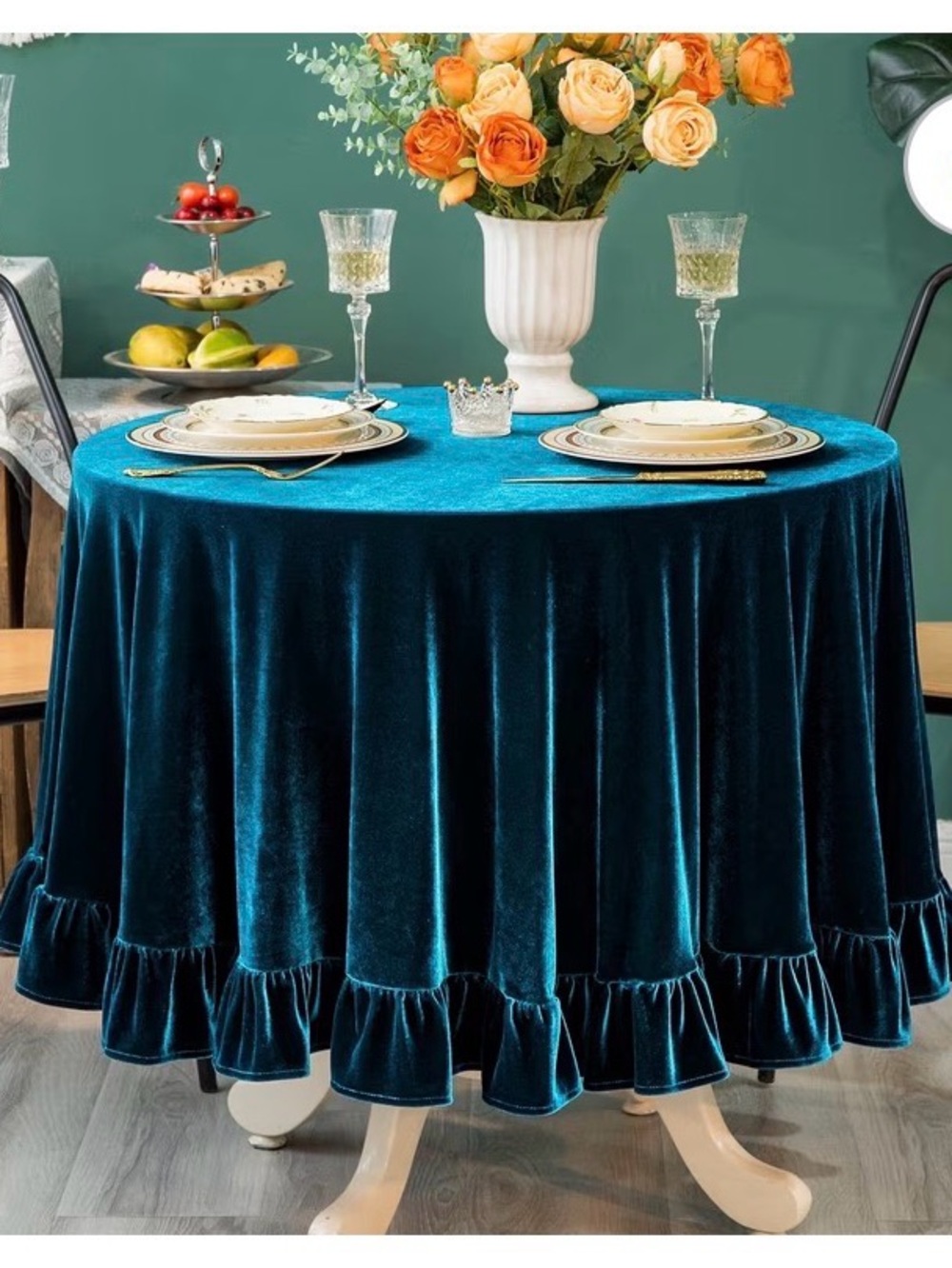 Teal Velvet 70” Round Tablecloth with Ruffle Hem